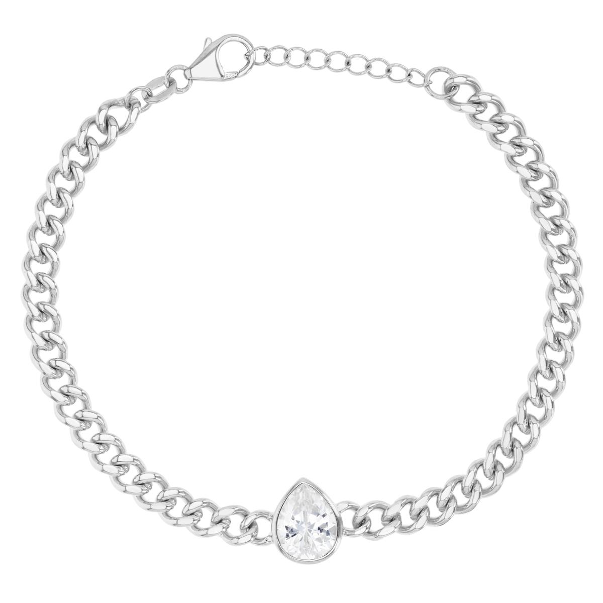 Sterling Silver Rhodium 11MM Polished White CZ Pear Shape 9+1'' Cuban Anklet