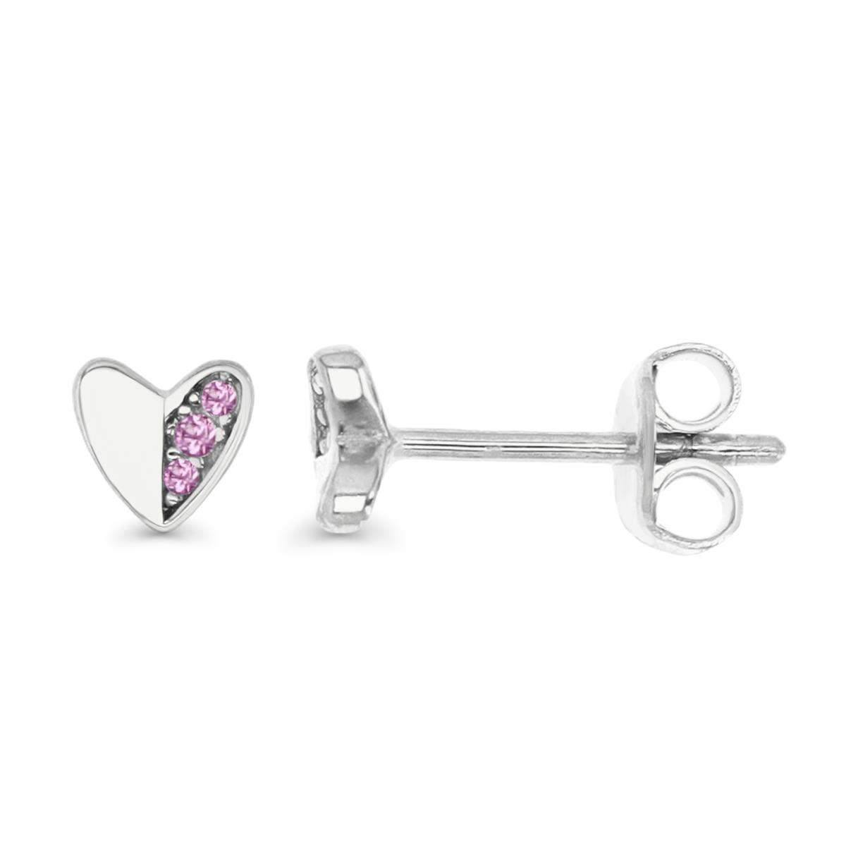 Sterling Silver Rhodium 5MM Polished CR Ruby Half Pave Heart Earring