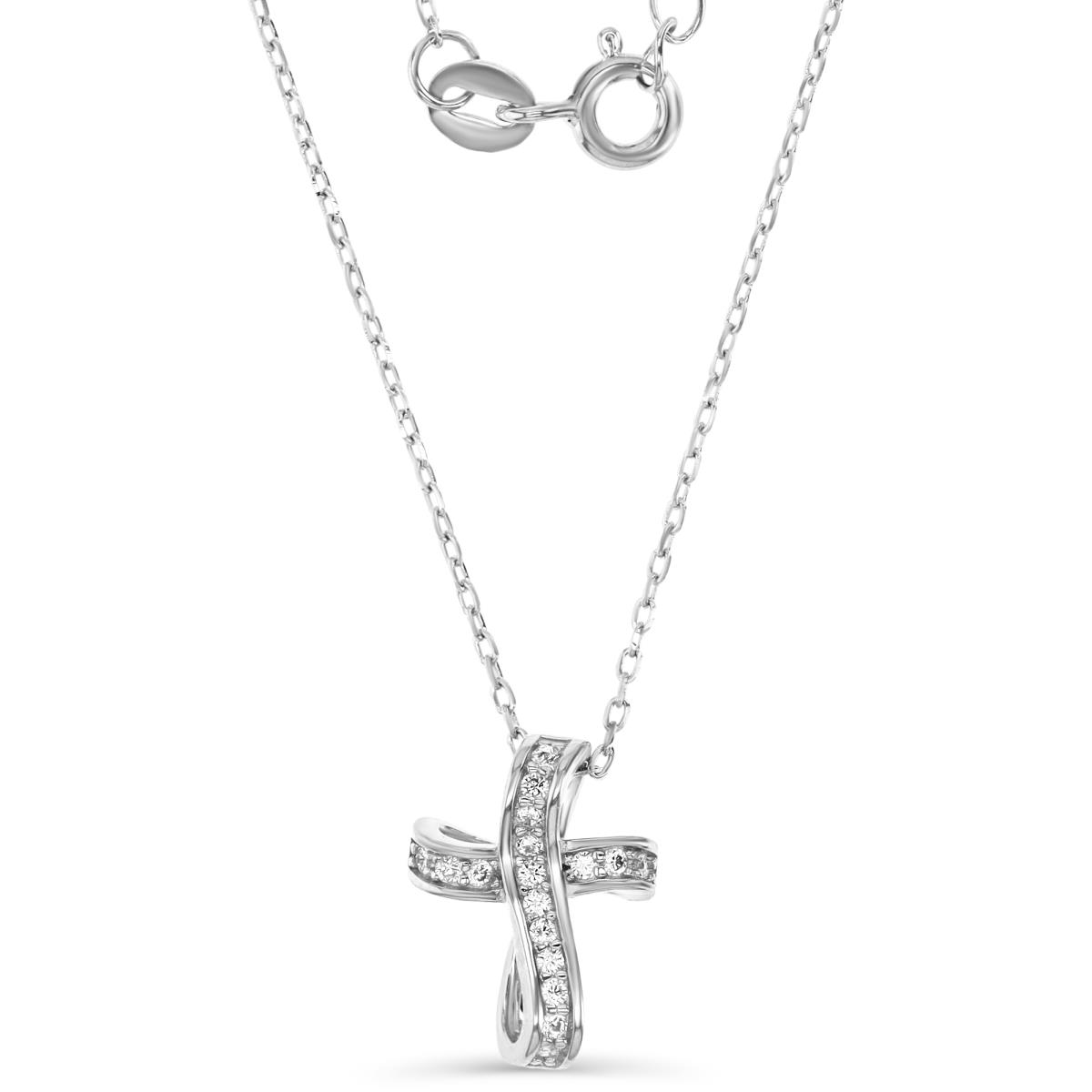 Sterling Silver Rhodium 14X11MM Polished White CZ Pave Wavy Cross 13+2'' Necklace