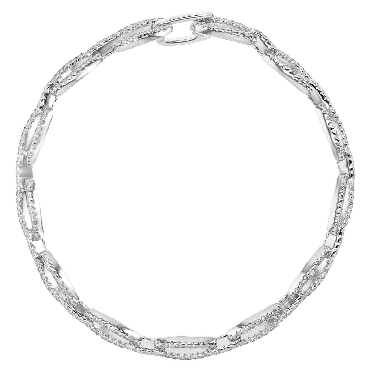 Sterling Silver Rhodium 6MM Polished White CZ Pave 7'' Paper Clip Bracelet