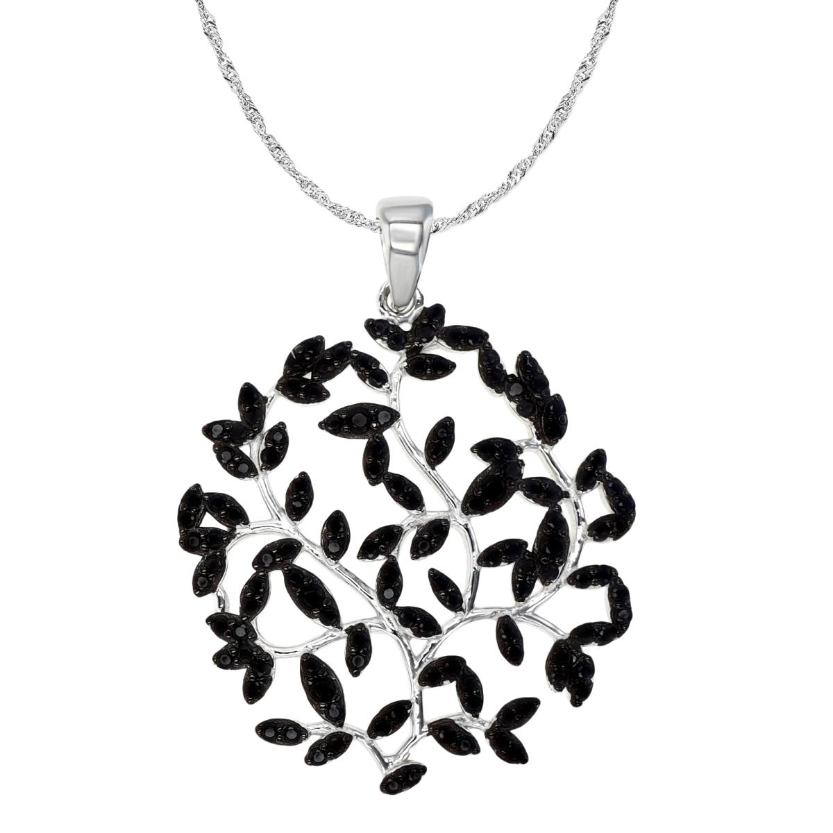 Sterling Silver Rhodium 32X25MM Polished Black Spinel Leaf & Tree 18+2'' Singapore  Necklace