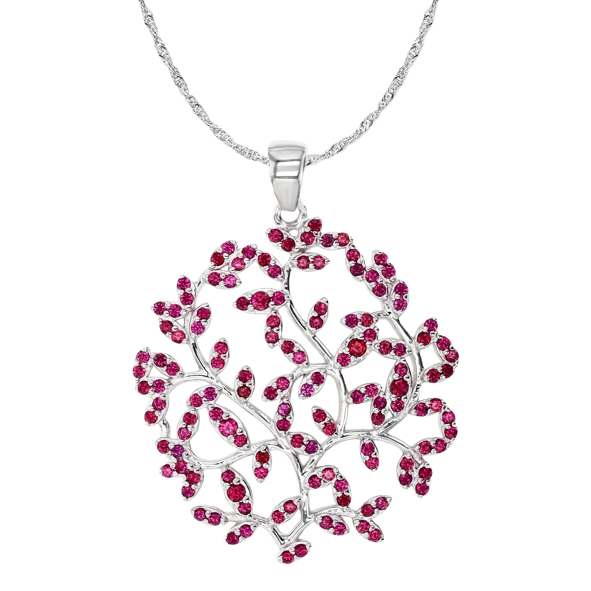 Sterling Silver Rhodium 32X25MM Polished Cr Ruby #8 Leaf & Tree 18+2'' Singapore Necklace