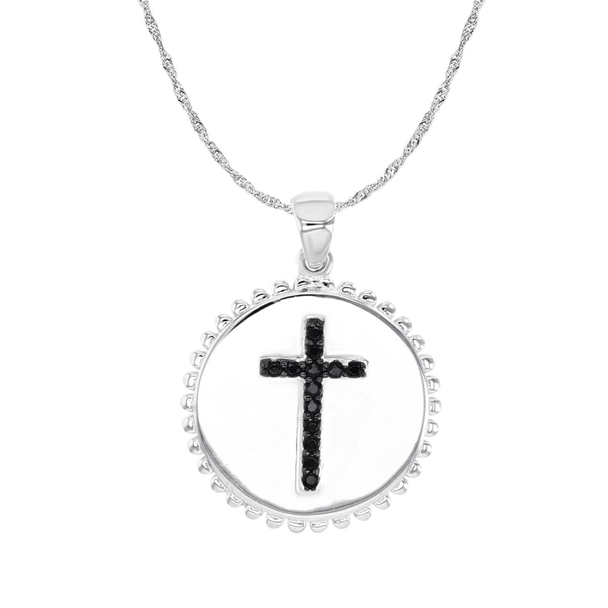 Sterling Silver Rhodium and Black & Black Spinel Cross Disk 18+2" Singapore Necklace