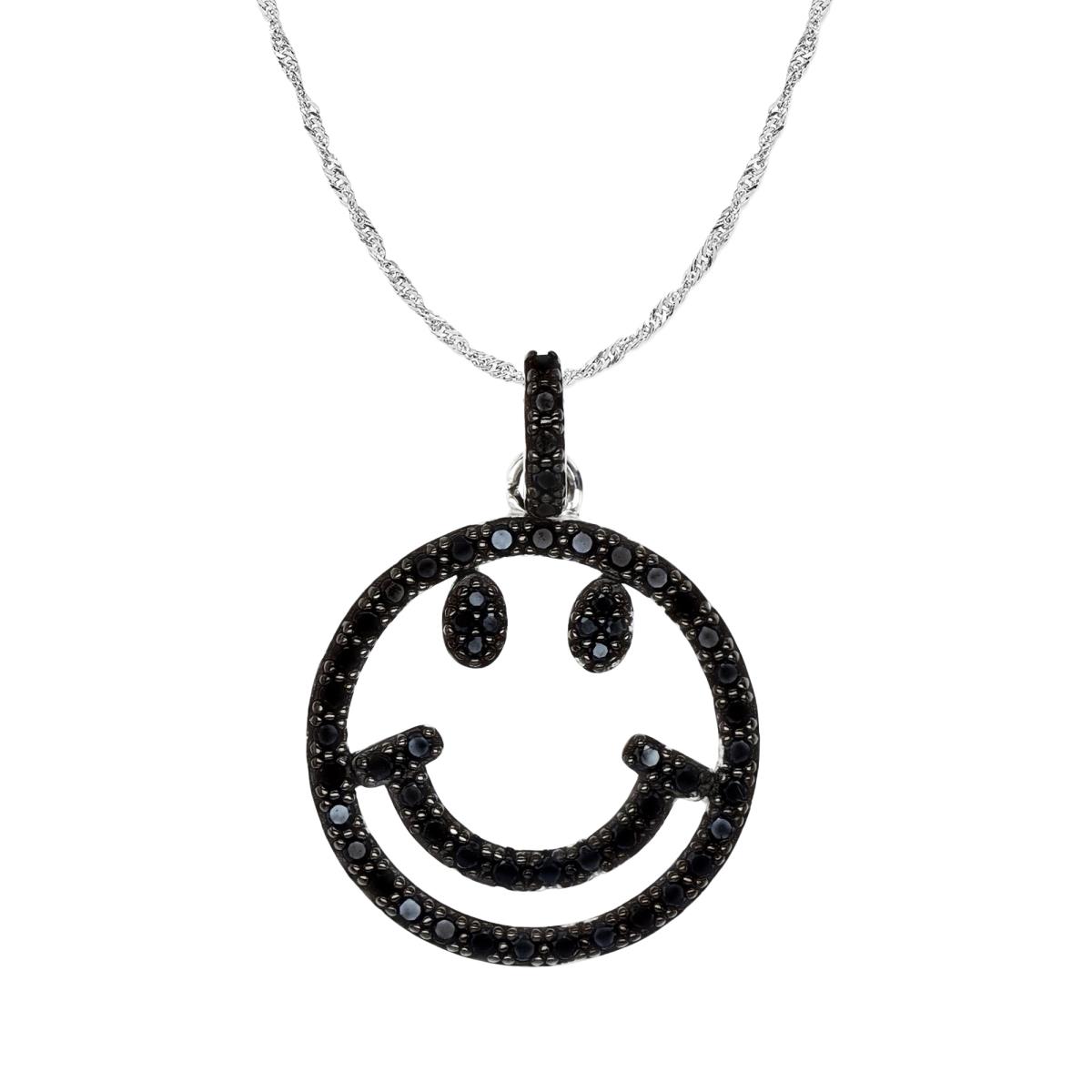 Sterling Silver Rhodium 25X18MM Polished Black Spinel Cut Out Smiley Face 18+2" Singapore Necklace