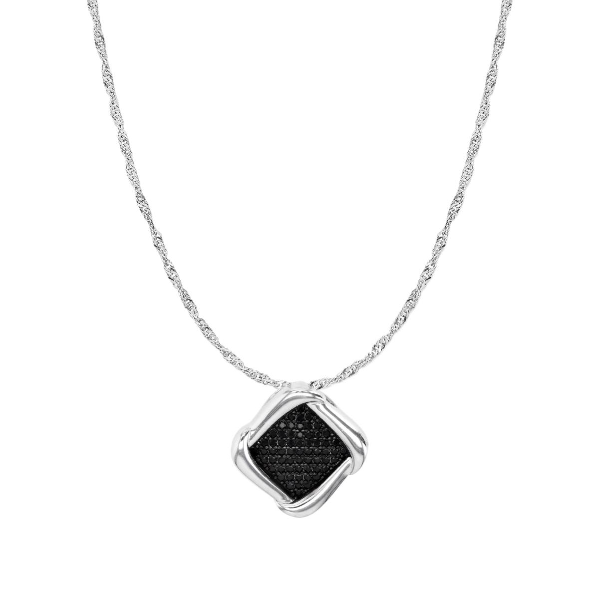 Sterling Silver Rhodium 14MM Polished Black Spinel Pave Square Dangling 18+2'' Singapore Necklace
