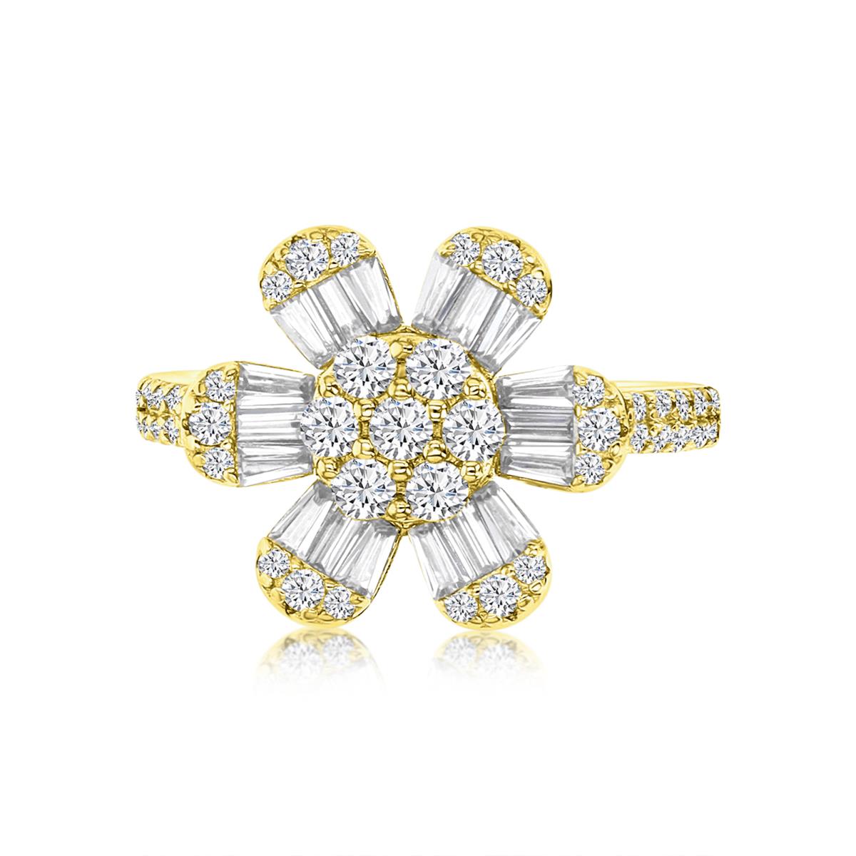 Sterling Silver Yellow 14MM Polished White CZ Pave Flower  Ring
