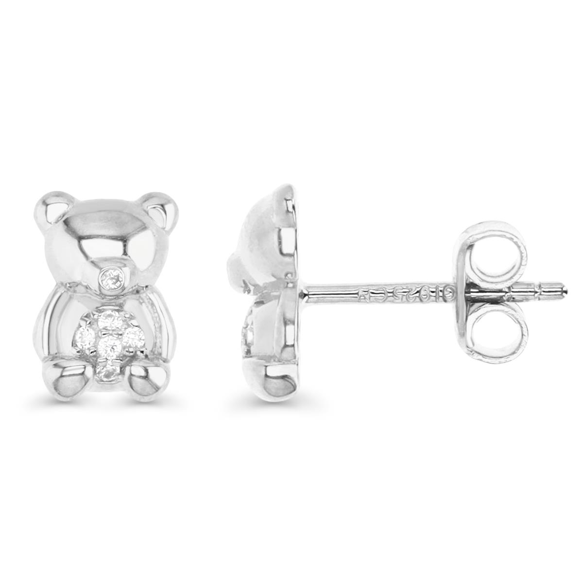 Sterling Silver Rhodium 9MM Polished White CZ Teddy Bear Stud Earring