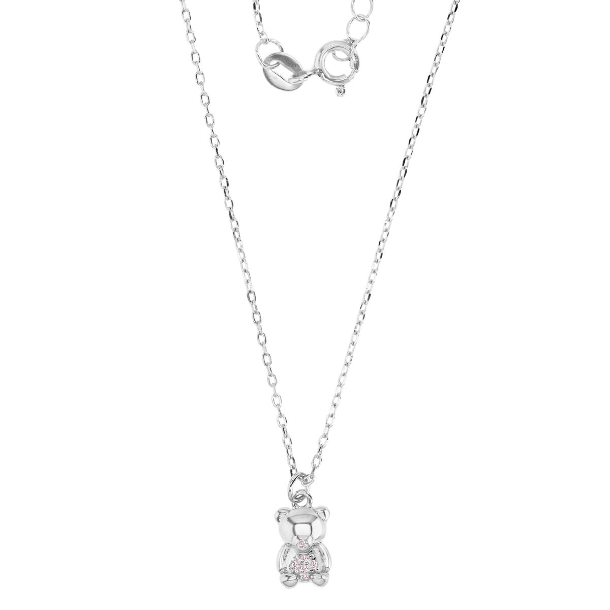 Sterling Silver Rhodium 8MM Polished Pink CZ Teddy Bear 13+2'' Necklace
