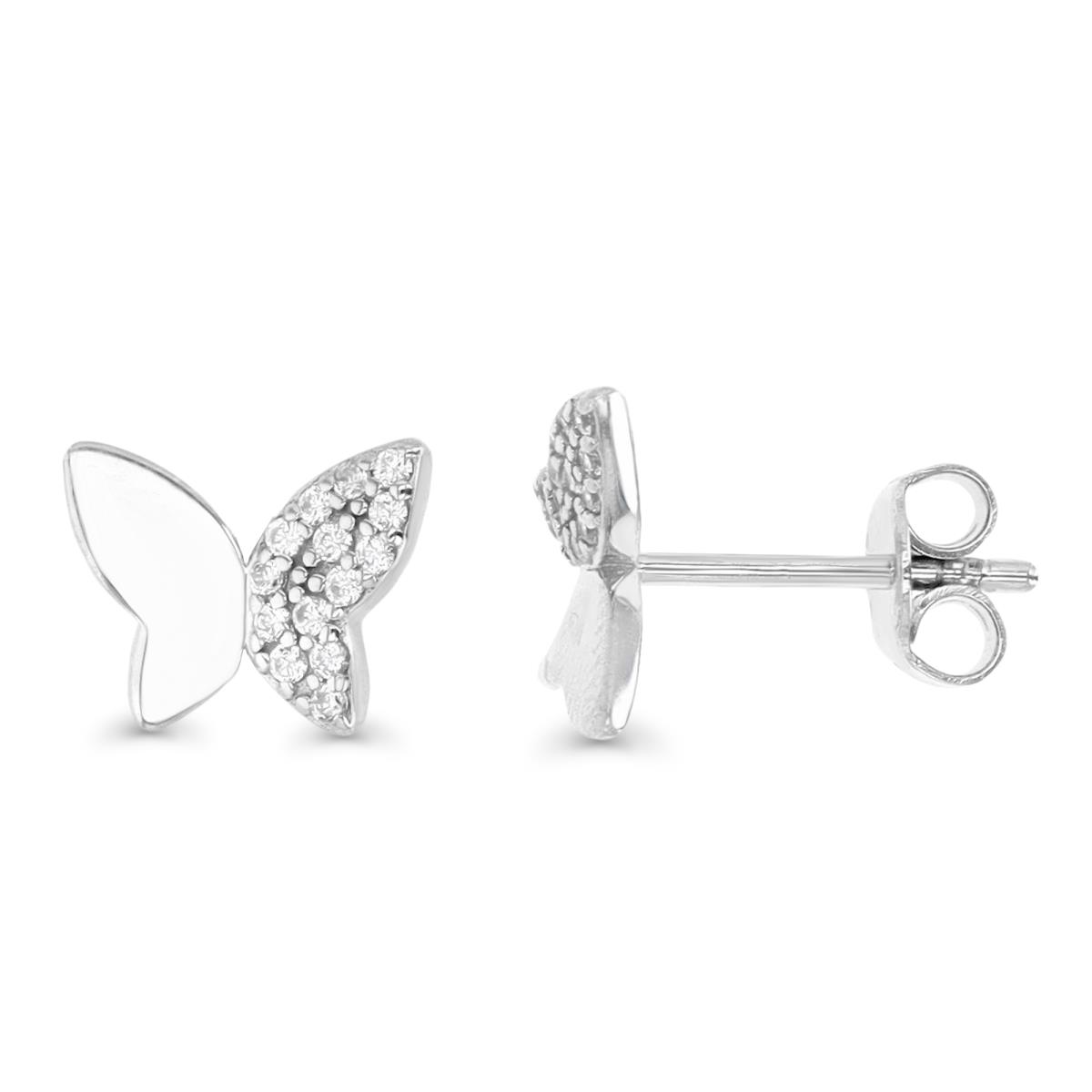 Sterling Silver Rhodium 7MM Polished White CZ Half Pave Butterfly Earring