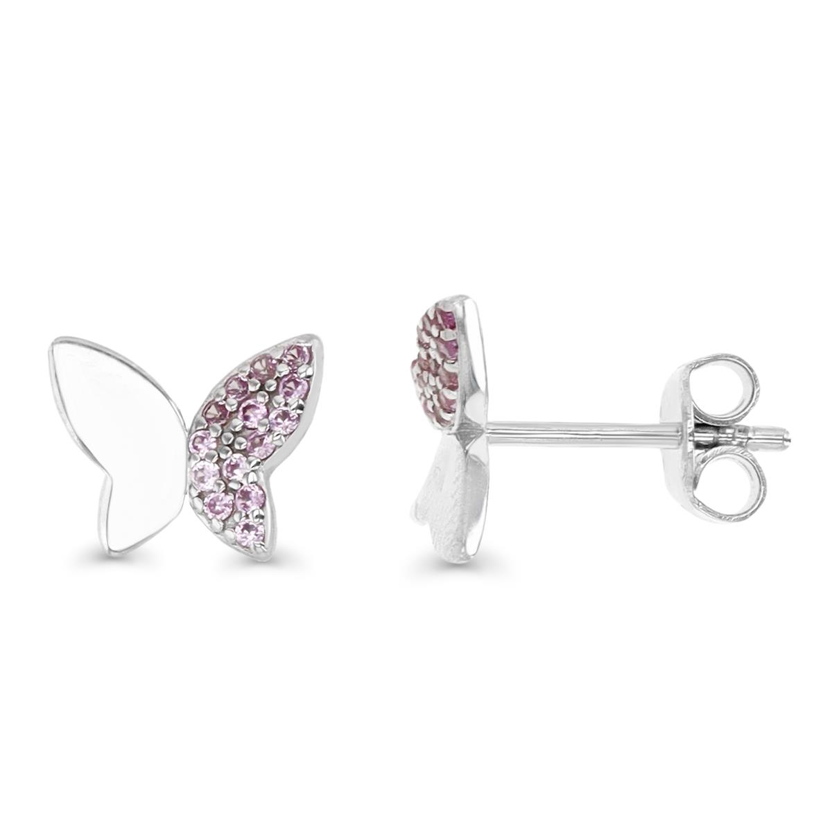 Sterling Silver Rhodium 7MM Polished CR Ruby Half Pave Butterfly Earring