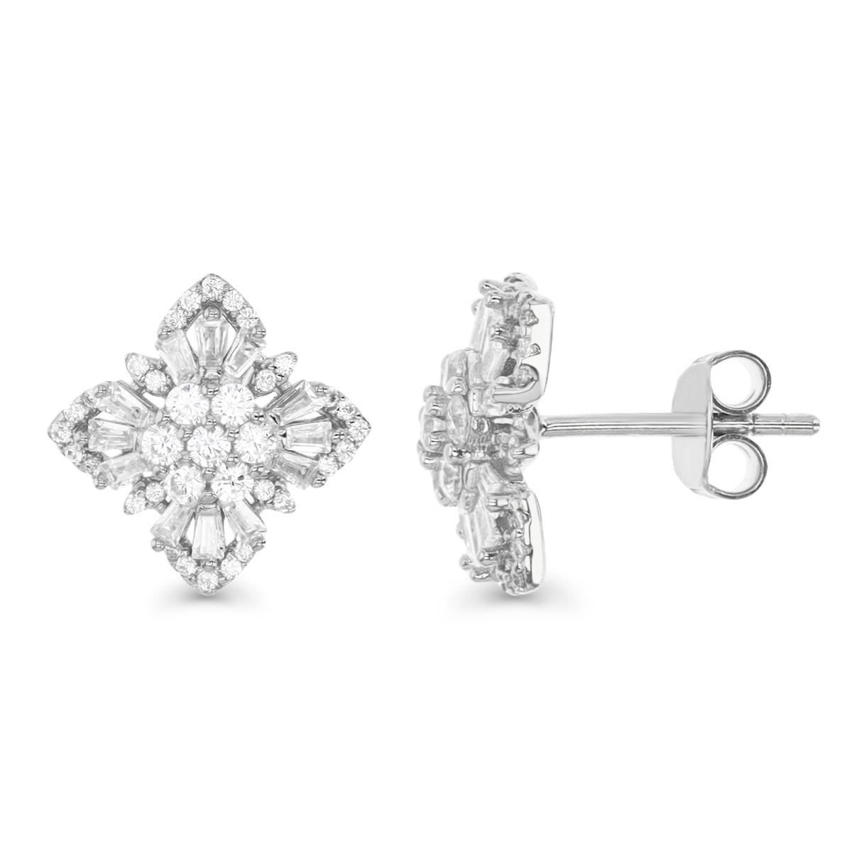 Sterling Silver Rhodium 11MM Polished White CZ Tapered Baguette Cluster  Stud Earring