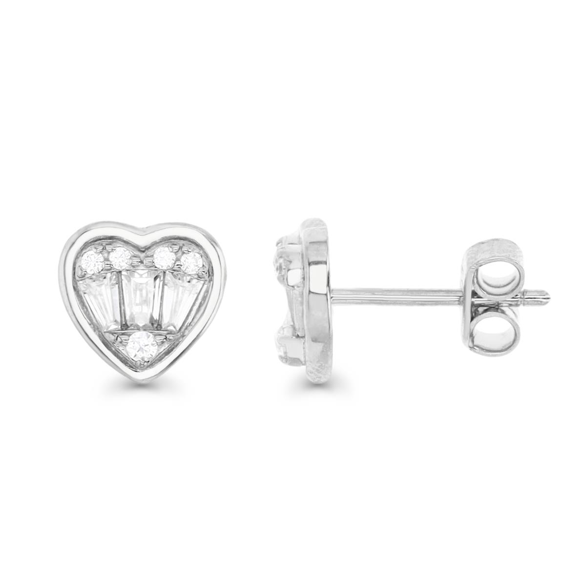 Sterling Silver Rhodium 8MM Polished Tp Baguette Heart Stud Earring