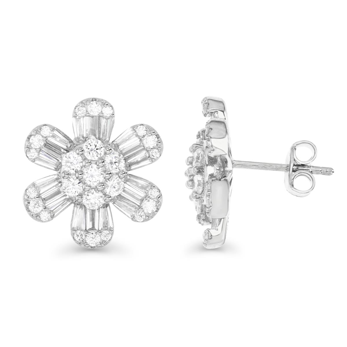 Sterling Silver Rhodium 14MM Polished White CZ Flower Stud Earring