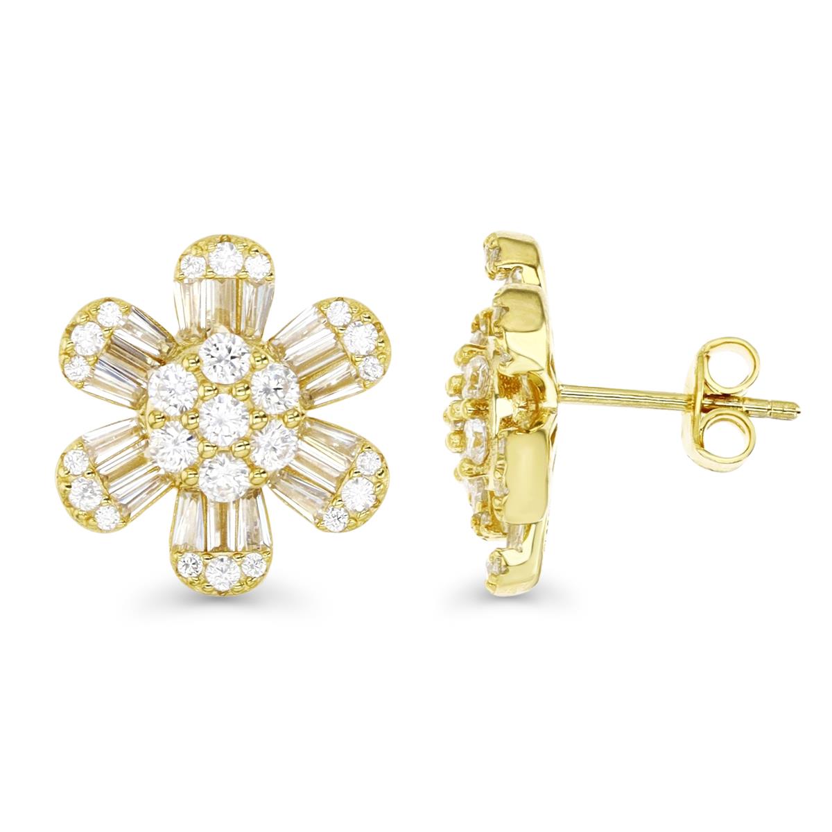 Brass Yellow 14MM Polished White CZ Flower Stud Earring