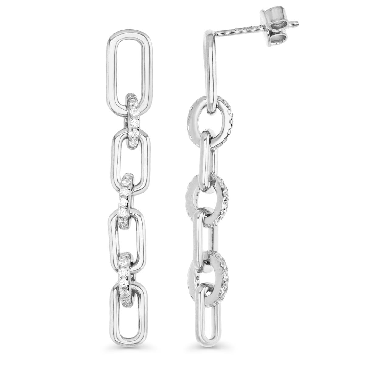 Sterling Silver Rhodium 40MM Polished White CZ Link Dangling Earring