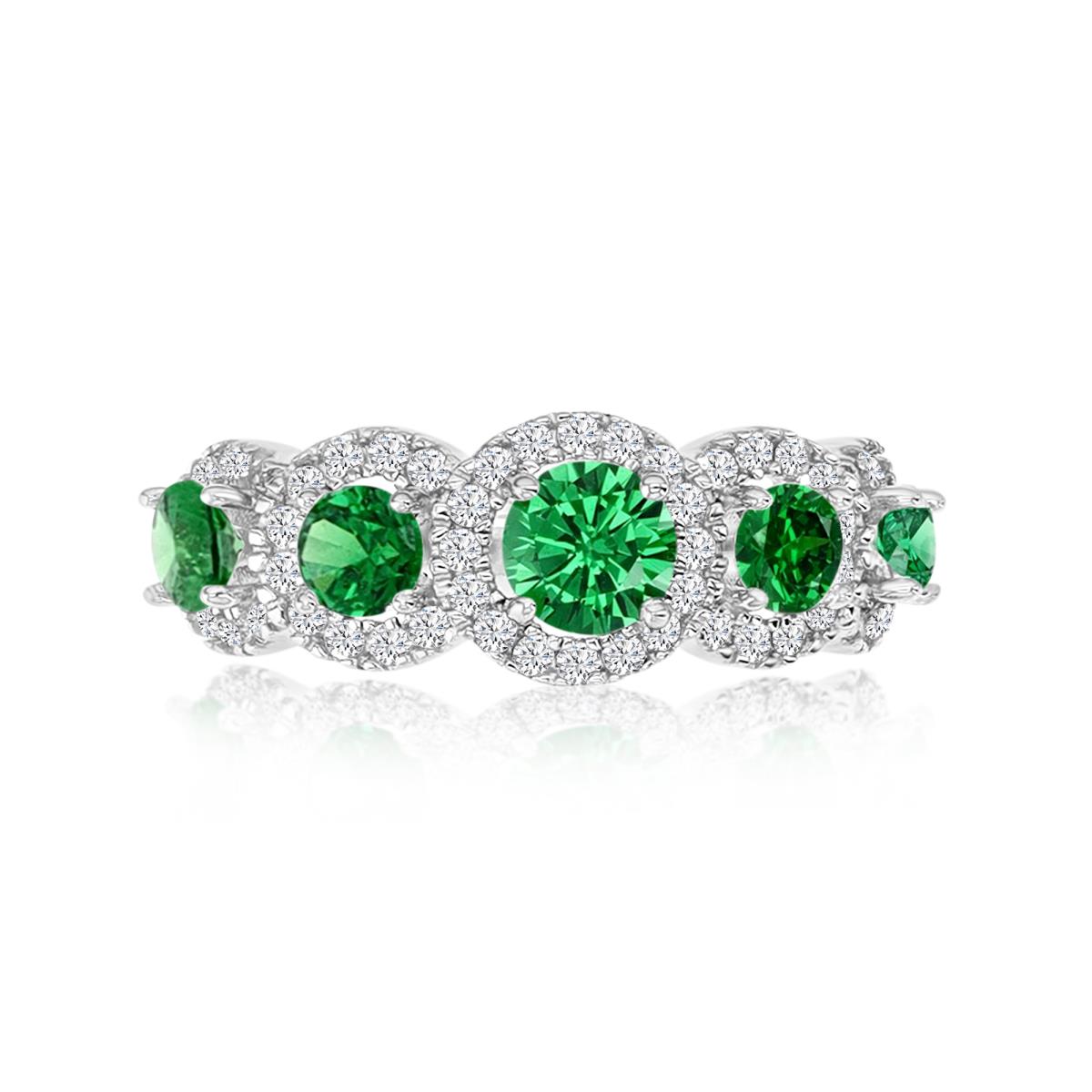 Sterling Silver Rhodium 23MM Polished Emerald&White Five Stone Anniversary Halo Round Cut Ring