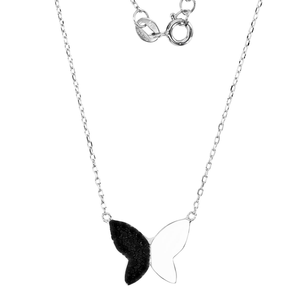 Sterling Silver Rhodium 13MM Polished Black Spinel Half Butterfly 16+2'' Necklace
