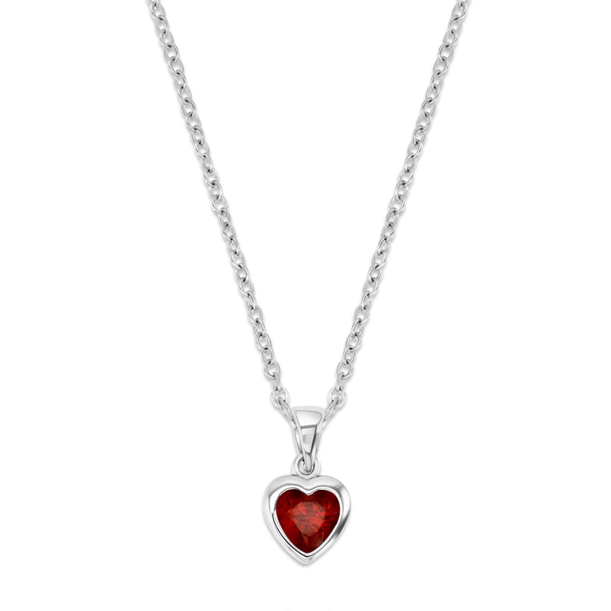 Sterling Silver Rhodium 8MM Polished Cr Ruby Bezel Heart Dangling 18'' Necklace