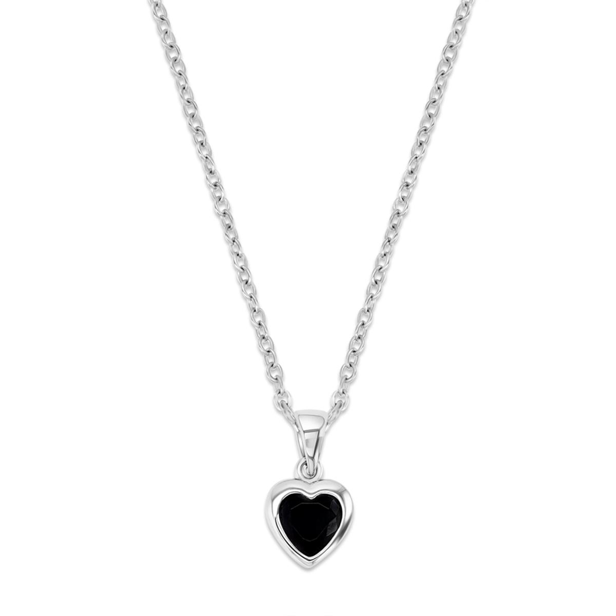 Sterling Silver Rhodium 8MM Polished Black Spinel Bezel Heart Dangling 18'' Necklace
