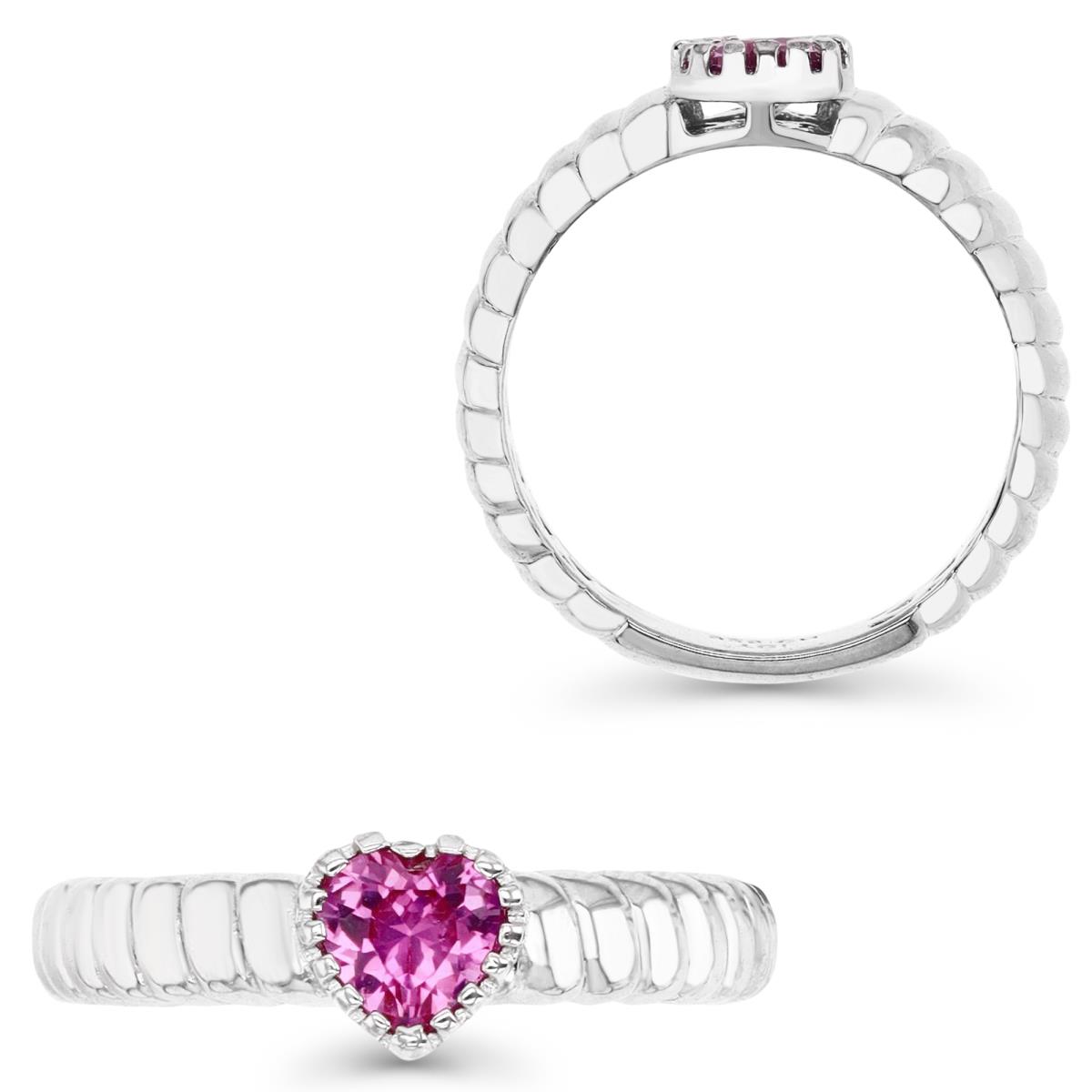 Sterling Silver Rhodium 6MM Polished Pink CZ Heart Shape Rope Ring