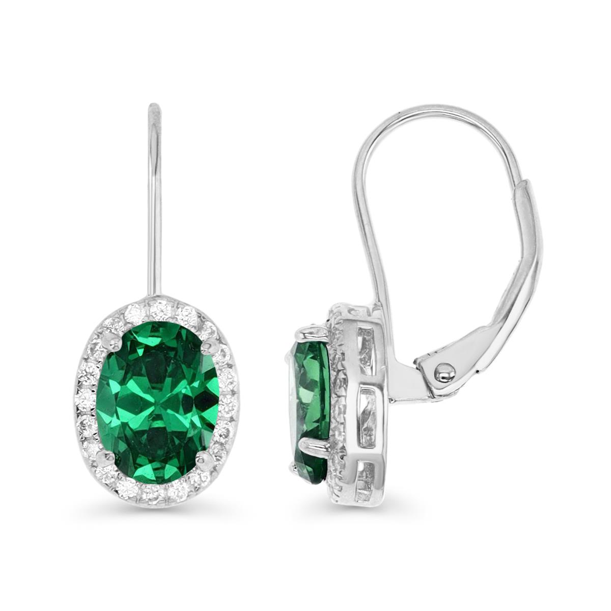 Sterling Silver Rhodium 10X8MM Polished Emerald&White Oval Halo Lever Back Earring