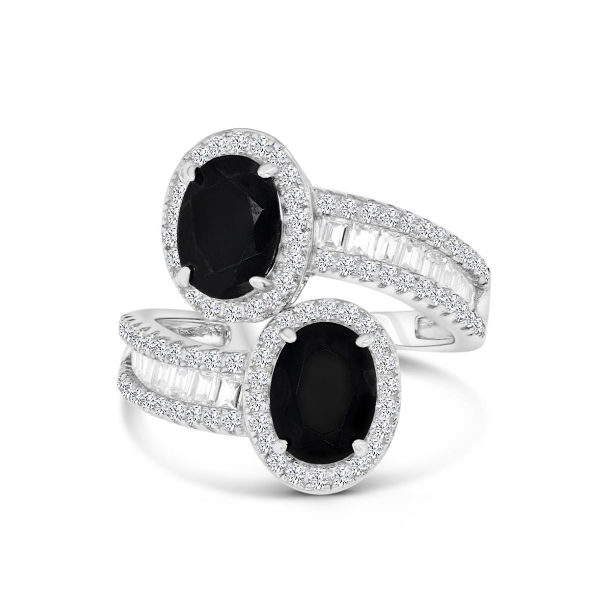 Sterling Silver Rhodium 8x6mm Black & White CZ Oval Two Stone with Baguette Band Ring