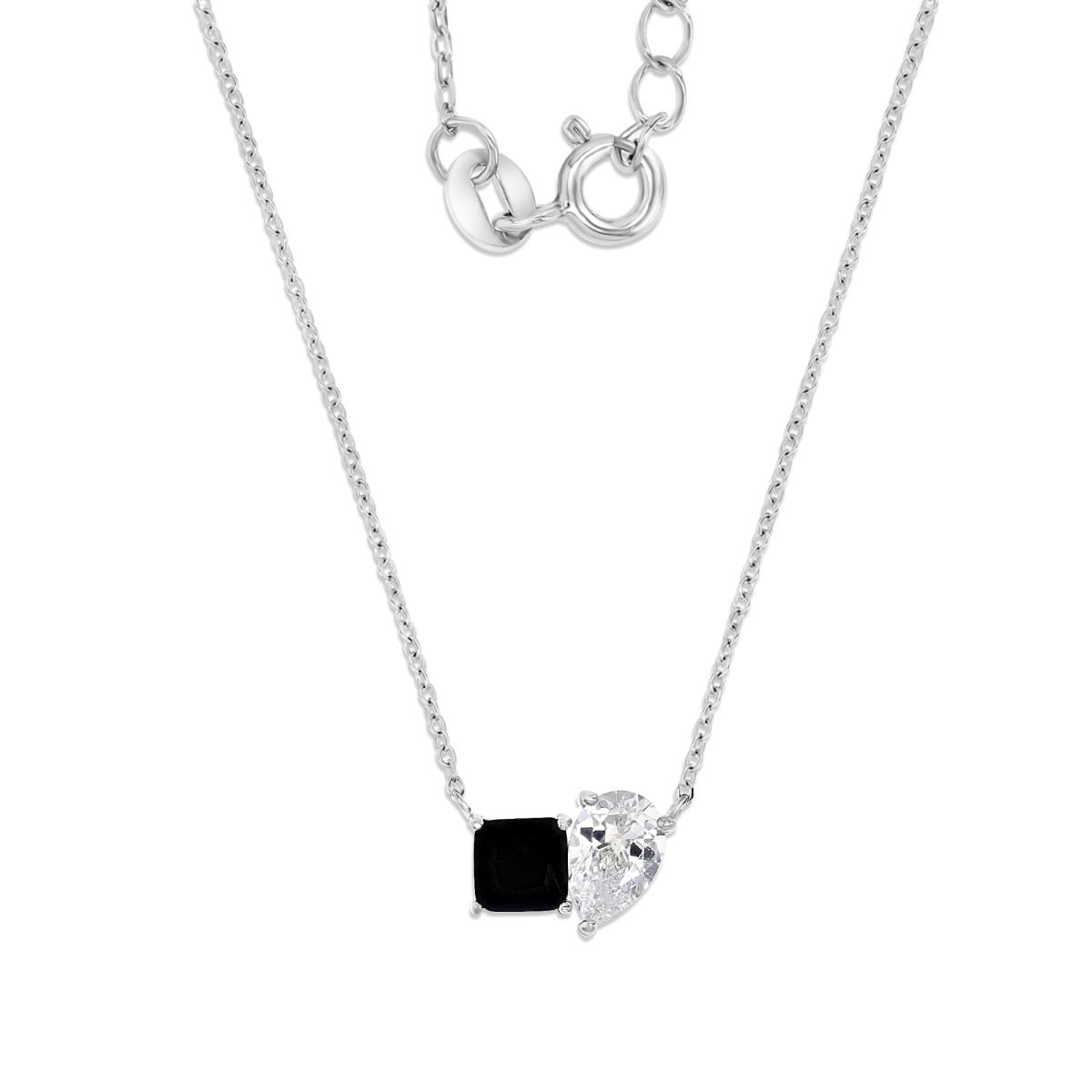 Sterling Silver Rhodium 12MM Polished Black & White CZ Pear & Princess Cut 18+2 Necklace
