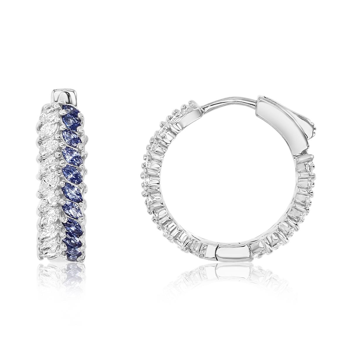 Sterling Silver Rhodium 19X5MM Polished Tanzanite & White  Marquise  Hoop Earring