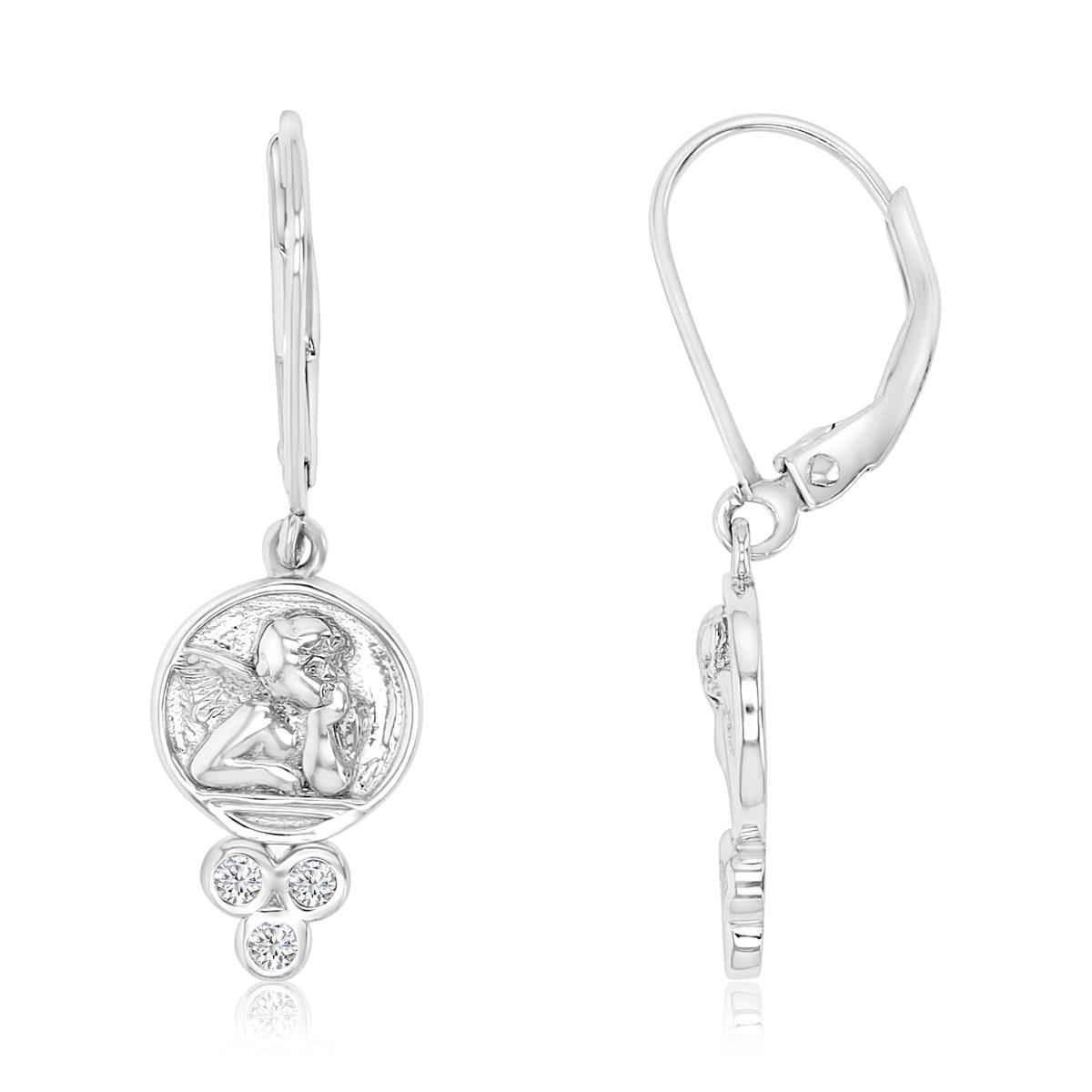 Sterling Silver Rhodium 39X9MM Polished White CZ Round Angel Medals Charm Lever Back Earring