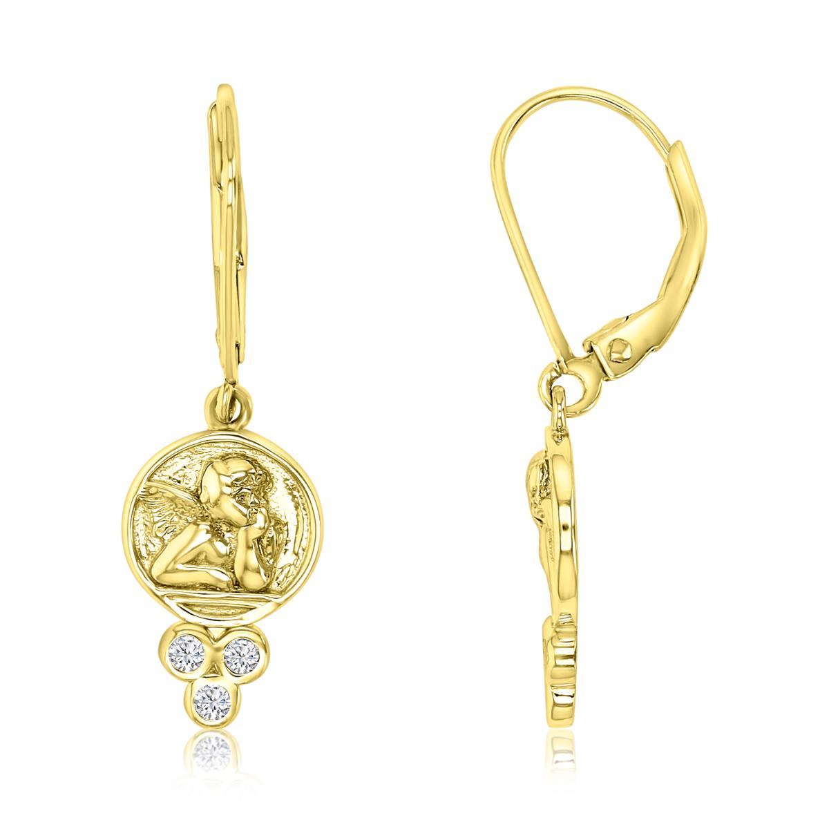 Sterling Silver Yellow 1M 39X9MM Polished White CZ Round Angel Medals Charm Lever Back Earring