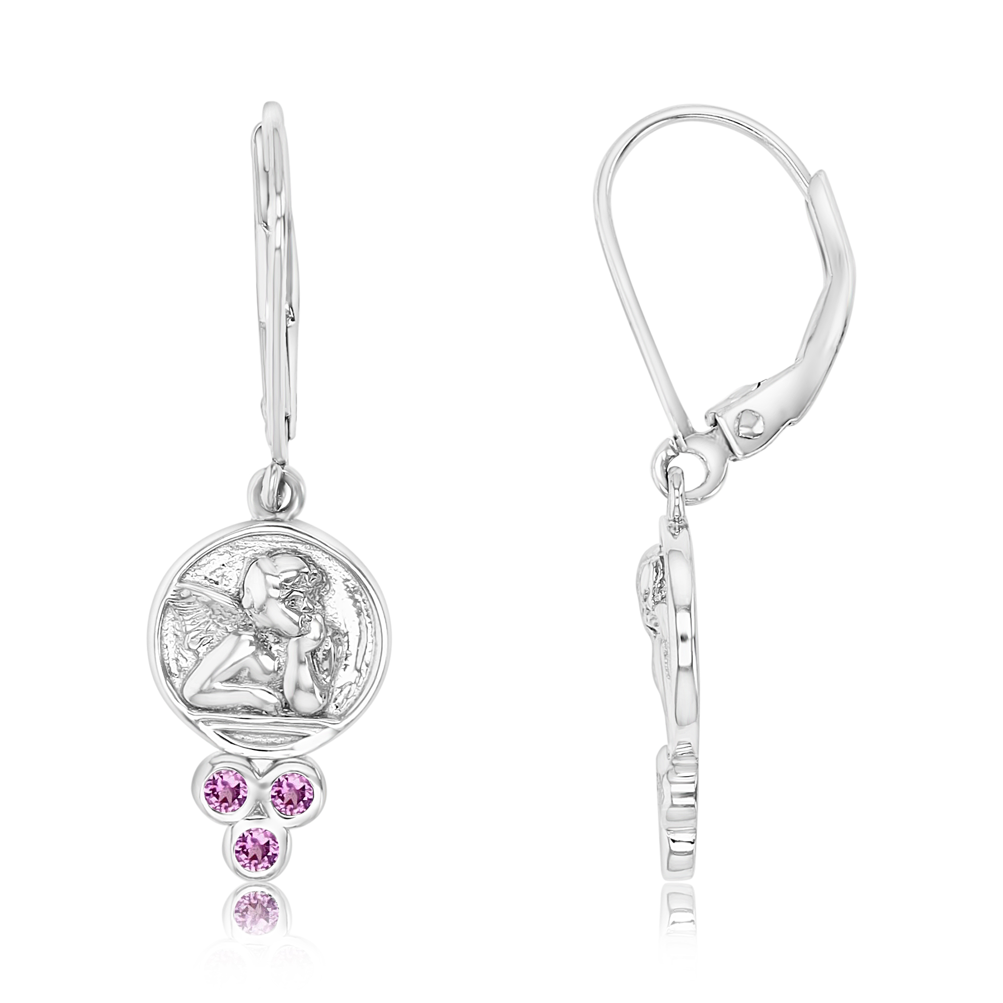 Sterling Silver Rhodium 39X9MM Polished CR Ruby Round Angel Medals Charm Lever Back Earring