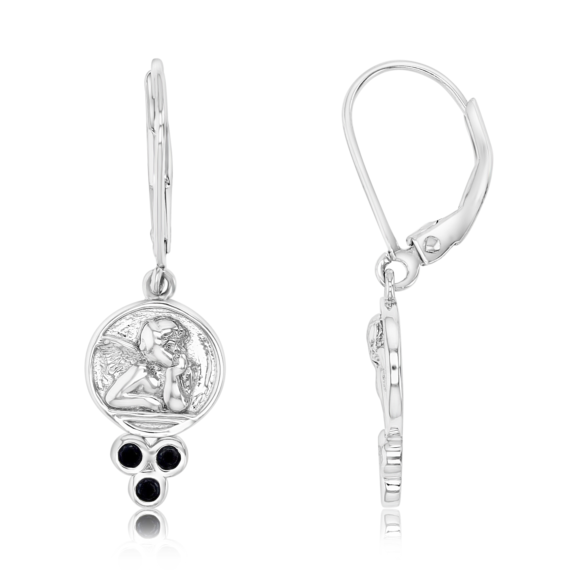 Sterling Silver Rhodium 39X9MM Polished Black Spinel Round Angel Medals Charm Lever Back Earring
