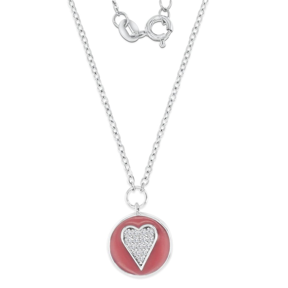 Sterling Silver Rhodium 10MM White CZ Pave Heart & Pink Enamel Circle Dangling 13+2'' Necklace