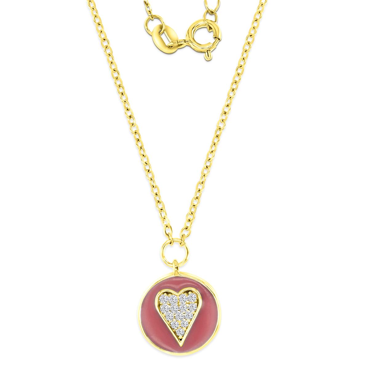 Sterling Silver Yellow 10MM White CZ Pave Heart & Pink Enamel Circle Dangling 13+2'' Necklace