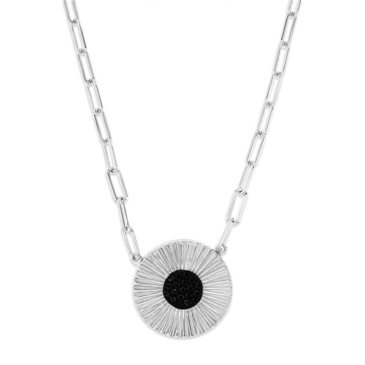 Sterling Silver Rhodium 16MM Polished Black Spinel Sunflower 18''Paperclip Necklace