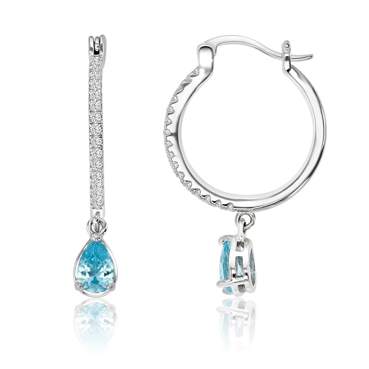 Sterling Silver Rhodium 7X5MM Polished Blue Topaz & White CZ Pear Shape Dangling Earring