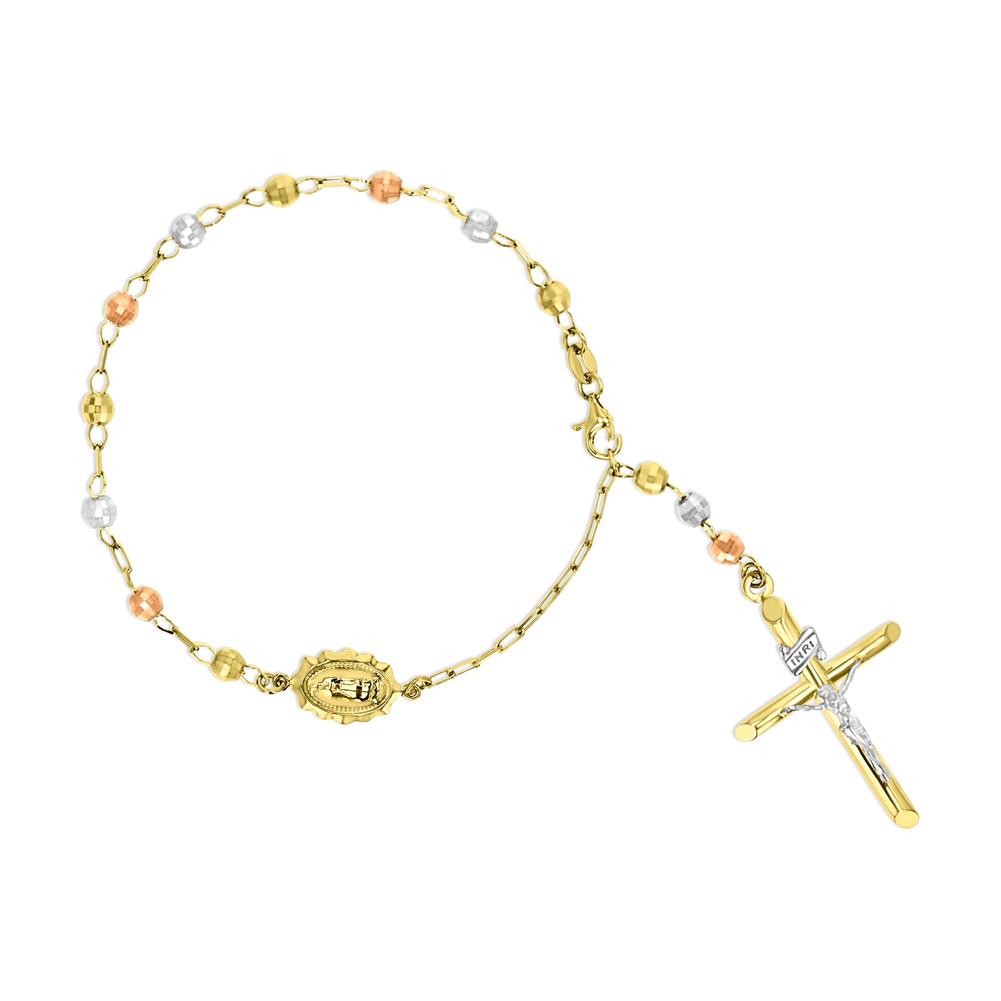 14K Gold Tricolor 4MM Disco Beads Rosary 7.5" Bracelet