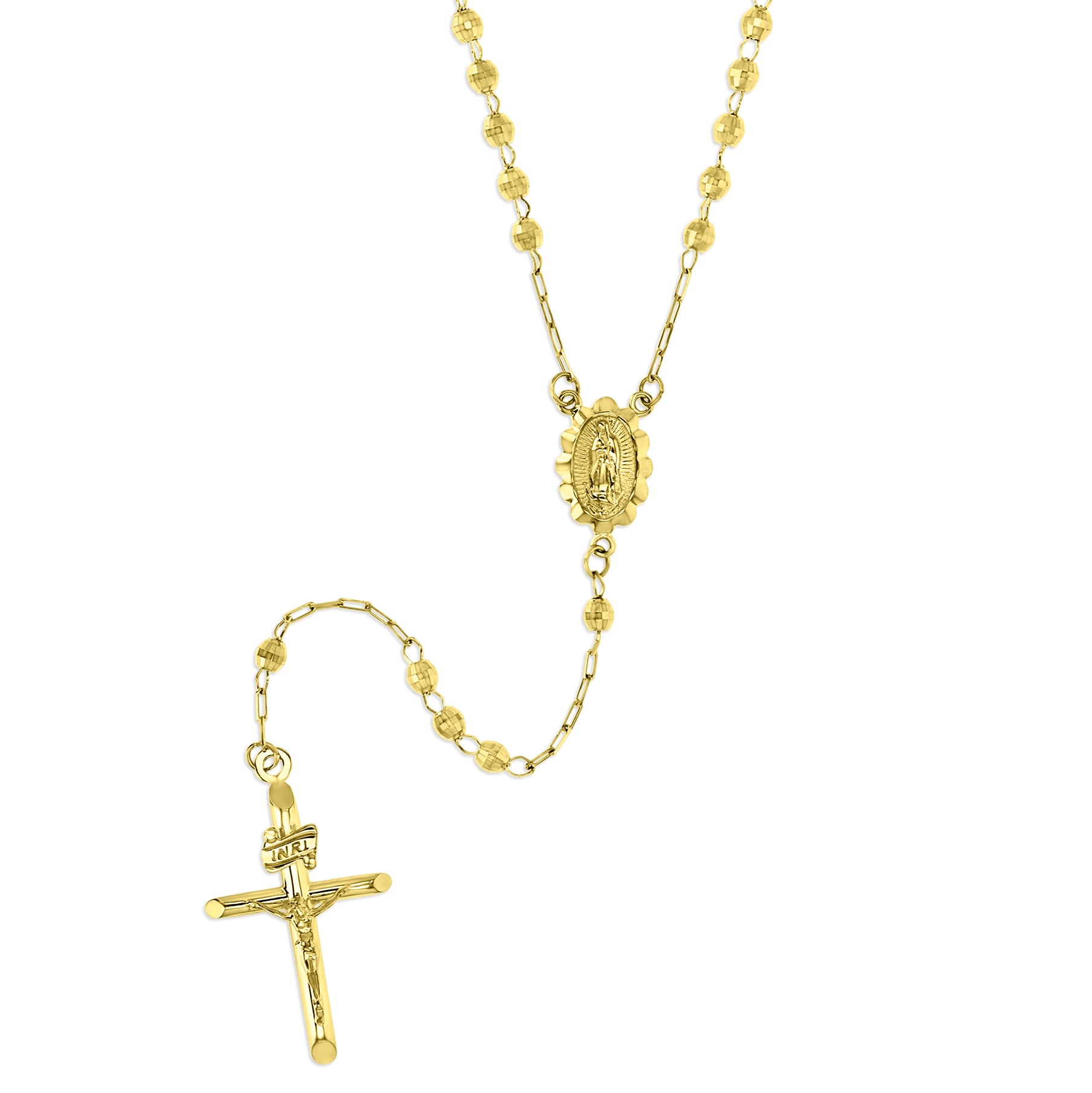14K Yellow Gold 3MM Diamond Cut Beads Rosary 18" Necklace