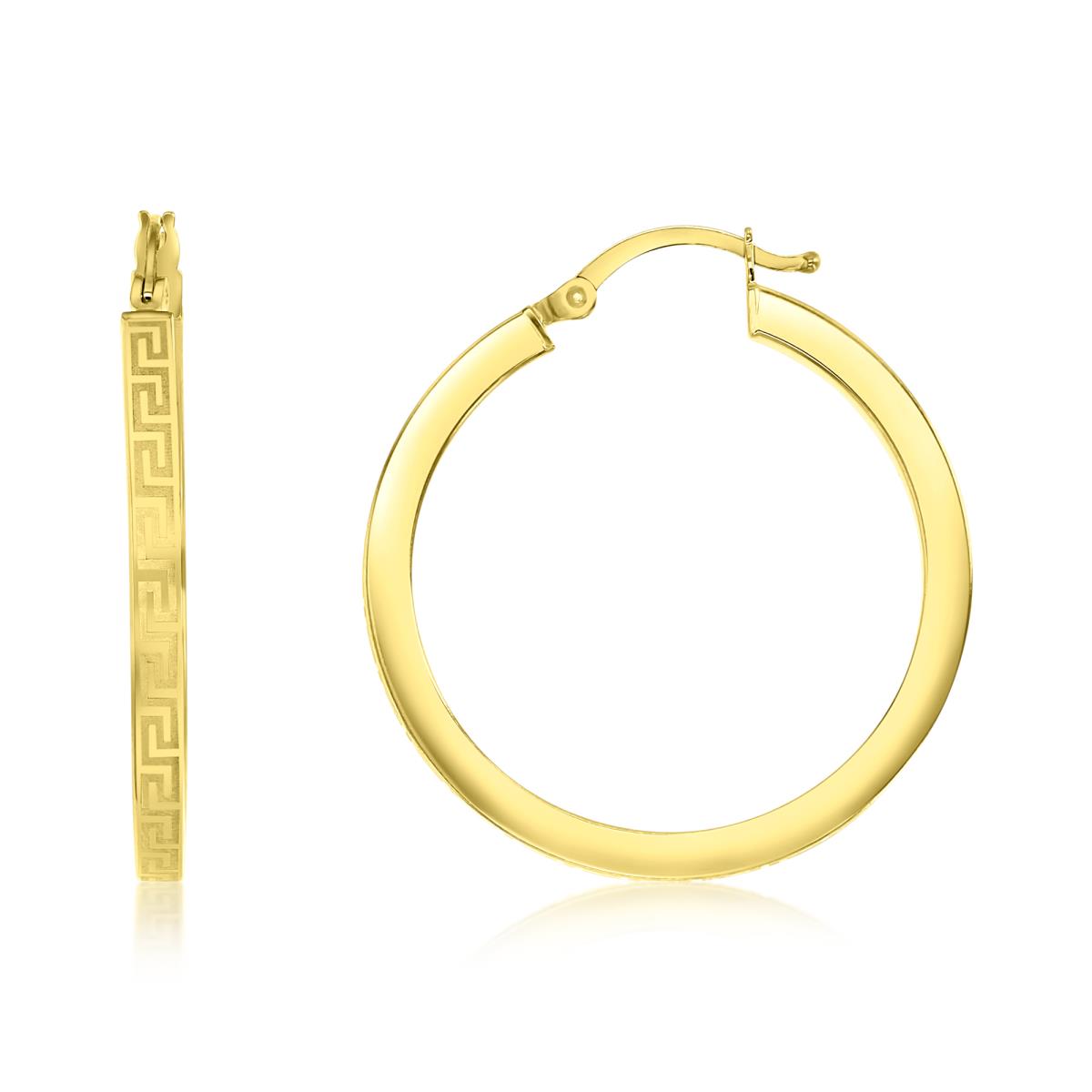 14K Yellow Gold 2.50x30MM Greek Key Square Tube Hoop Earring