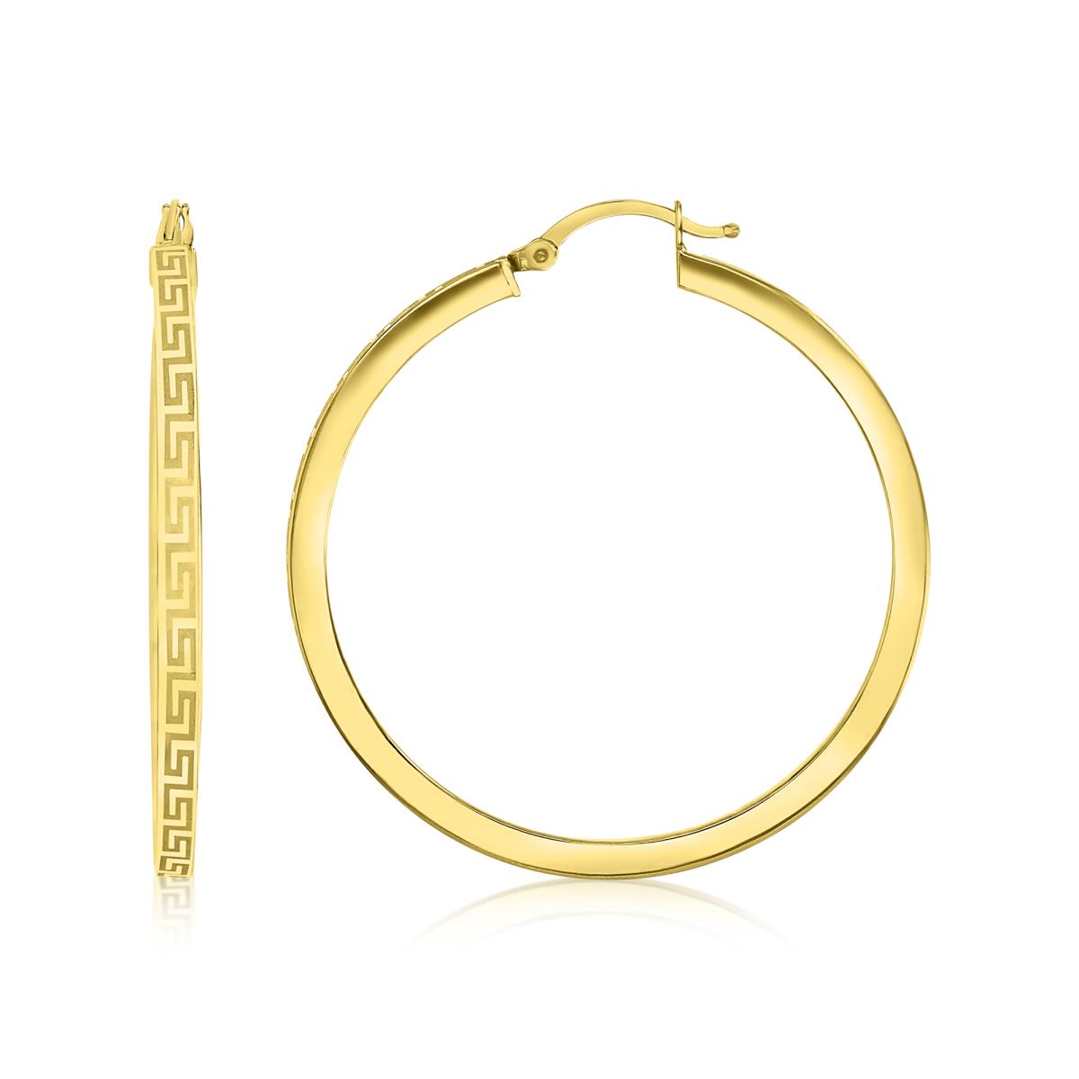 14K Yellow Gold 2.50x40MM Greek Key Square Tube Hoop Earring