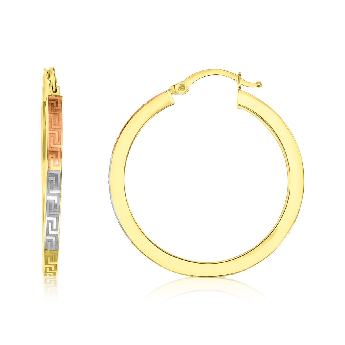 14K Gold Tricolor 2.50x30MM Greek Key Square Tube Hoop Earring