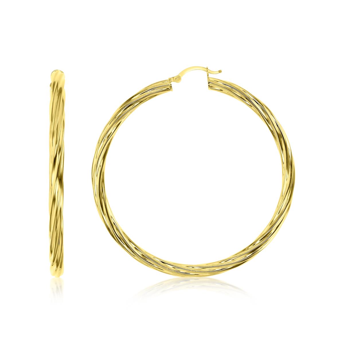 14K Yellow Gold 4x60MM Textured Twist Hoop Earrings