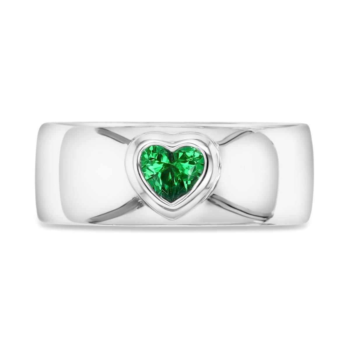 Sterling Silver Rhodium 7MM Polished Green CZ Heart Shape Metal Ring