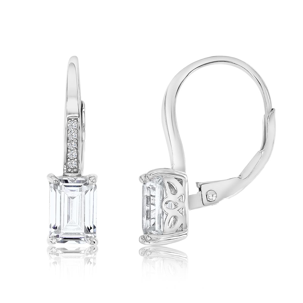 Sterling Silver Rhodium 20MM Polished White CZ Emerald Cut Lever Back Earring