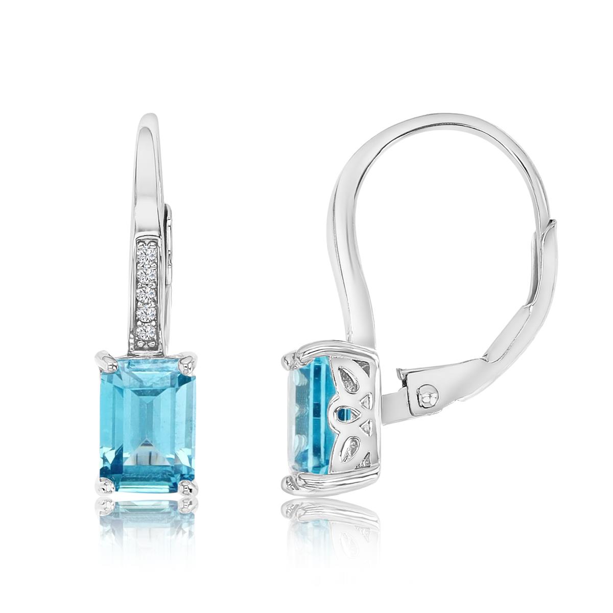 Sterling Silver Rhodium 20MM Polished Swiss Blue & White CZ Emerald Cut Lever Back Earring