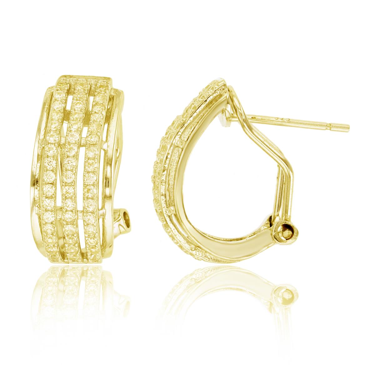 Brass Yellow 16x7mm 3-Row Micropave CZ Omega-Back Huggie Earring