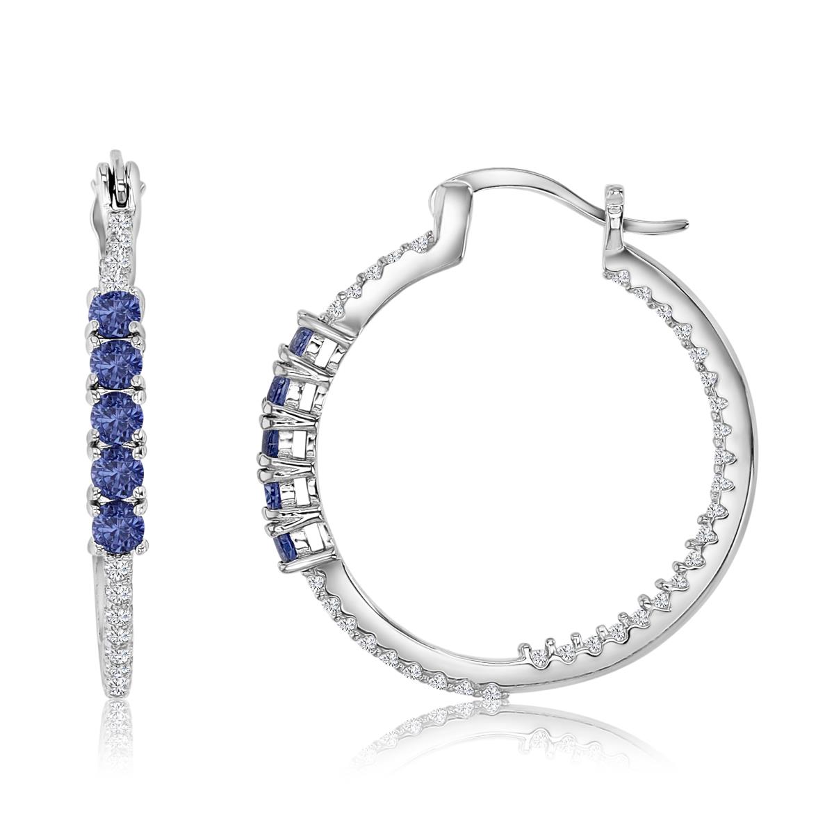 Sterling Silver Rhodium 3MM Polished Tanzanite & White CZ Round Pave Hoop Earring
