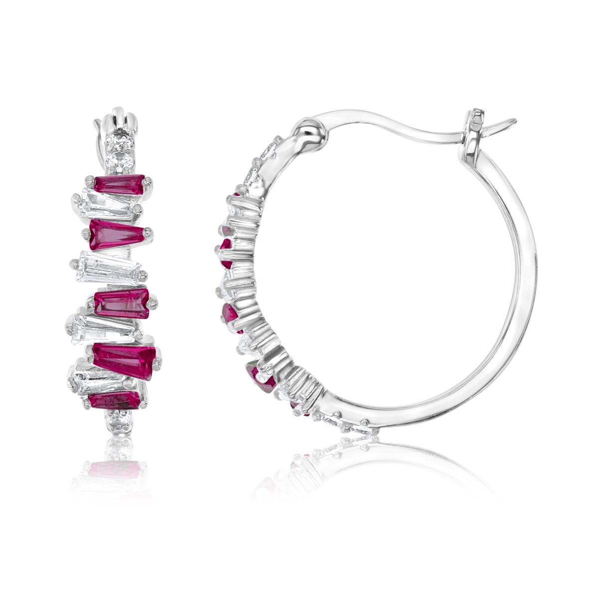 Sterling Silver Rhodium 5MM Polished Created Ruby & White CZ Baguette Hoop Earring