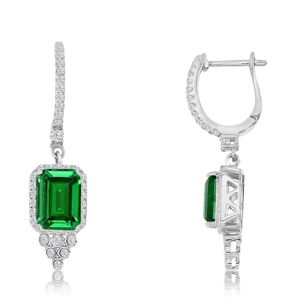Sterling Silver Rhodium 35X9MM Polished Green & White CZ Emerald Cut Halo Bezel Dangling Earring