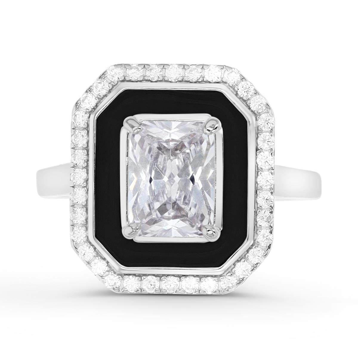 Sterling Silver Rhodium 16X14MM Polished White CZ & Black Enamel Emerald Cut Ring